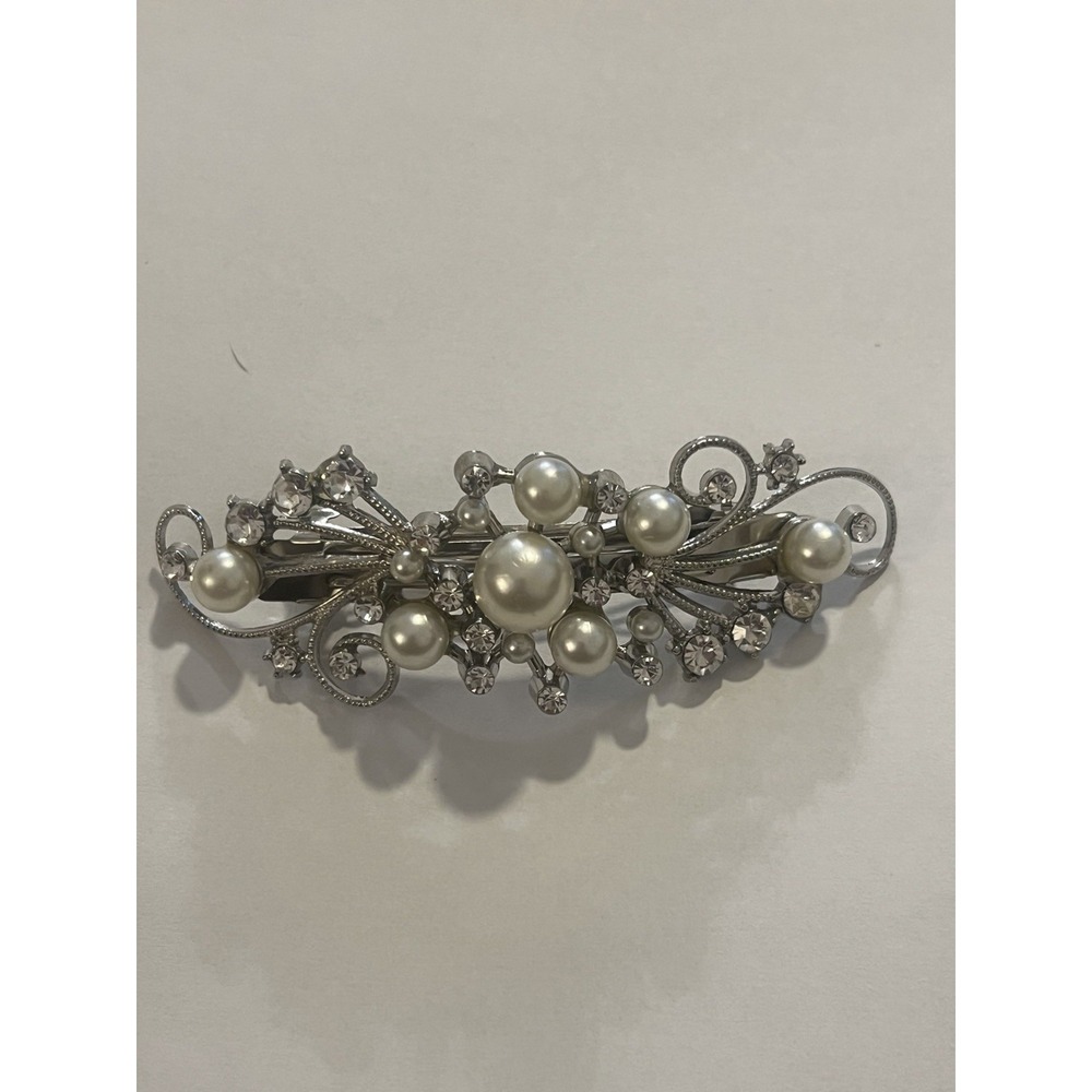 Vintage Simulated Pearl Clear Rhinestone Ornate Silver Tone Hair Barrette - Picture 9 of 9